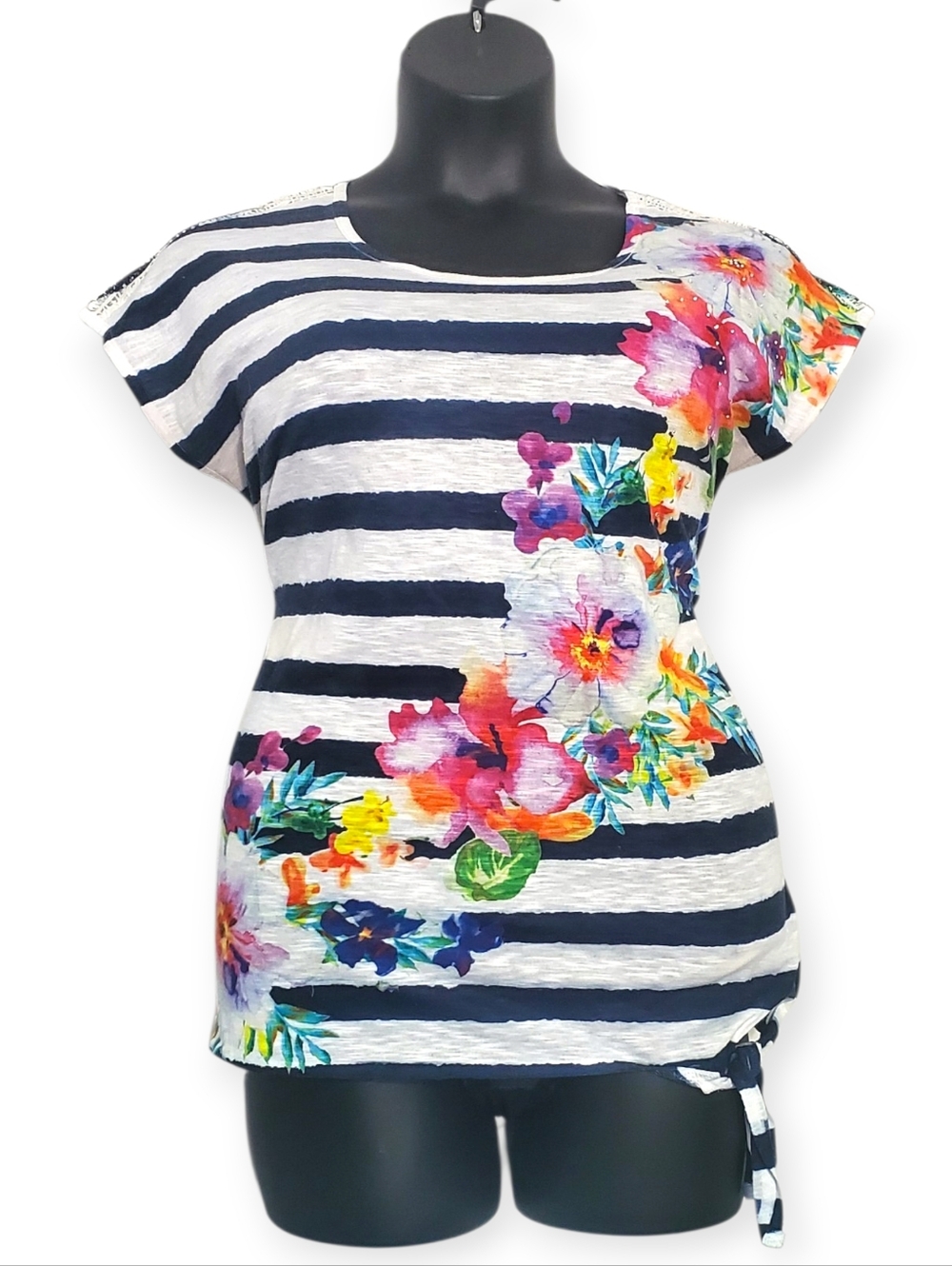 Time and Tru Navy & White Striped Floral Tie-Hem Top